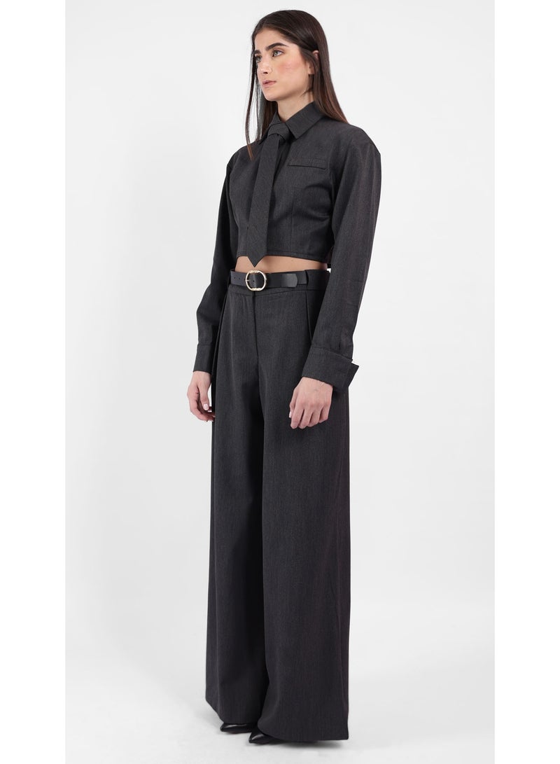 KYVELi Women’s Two-Piece Tailored Set – Cropped Long Sleeve Shirt with Tie & Wide-Leg Pants – Dark Grey - Image 3