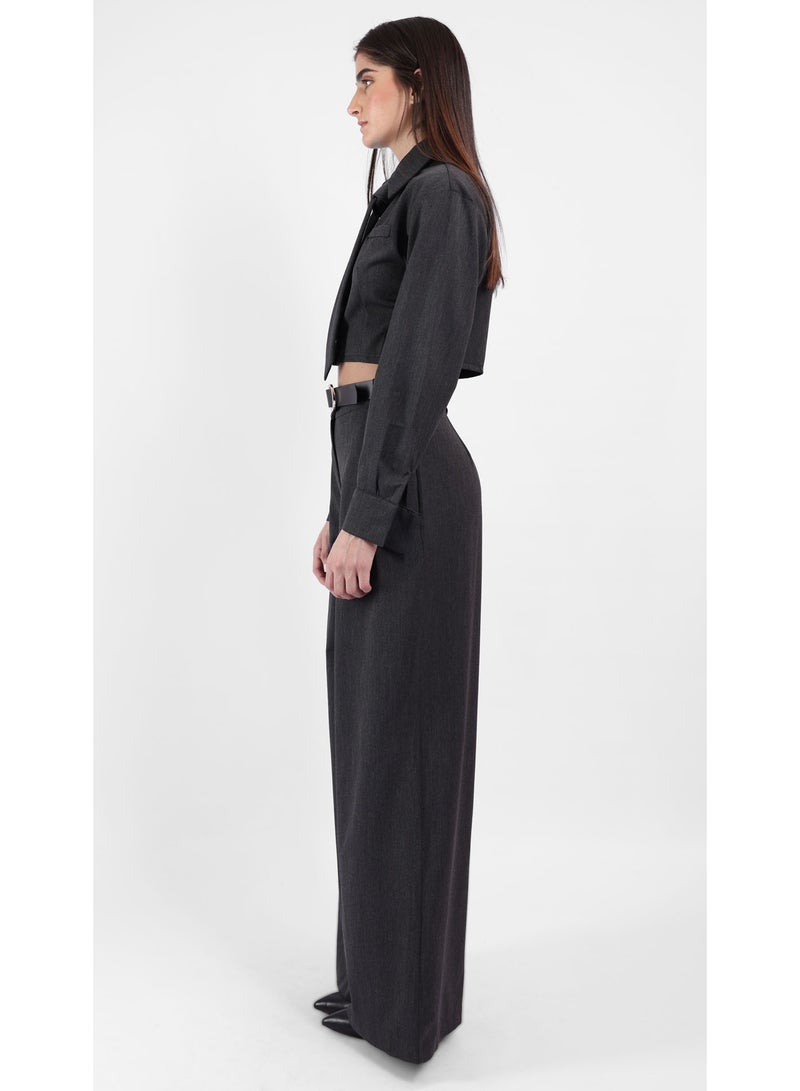 KYVELi Women’s Two-Piece Tailored Set – Cropped Long Sleeve Shirt with Tie & Wide-Leg Pants – Dark Grey - Image 4