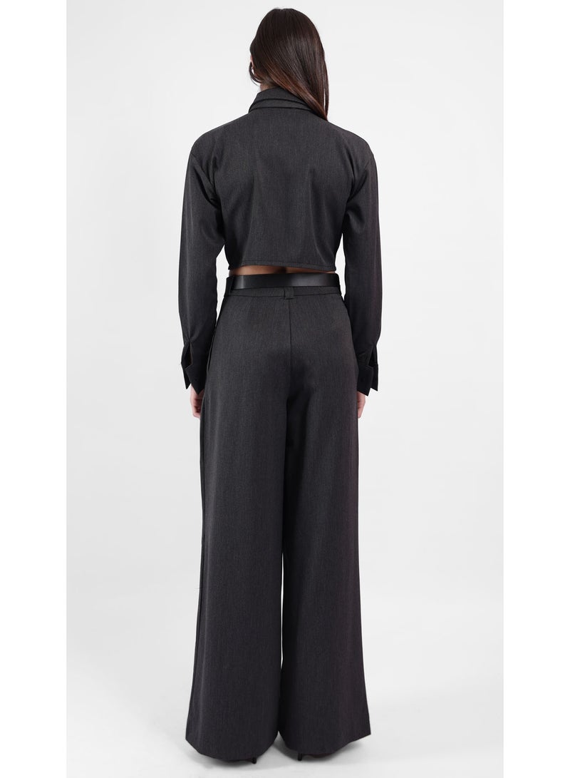 KYVELi Women’s Two-Piece Tailored Set – Cropped Long Sleeve Shirt with Tie & Wide-Leg Pants – Dark Grey - Image 5