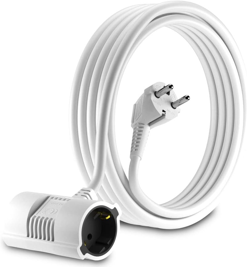 MutecPower 5 m Schuko extension cord with 2-way sockets IP20-90° curved EU Schuko cable with grounded plug and 2x grounded couplings - up to 250V 50Hz 16A - 5 m white - Image 1