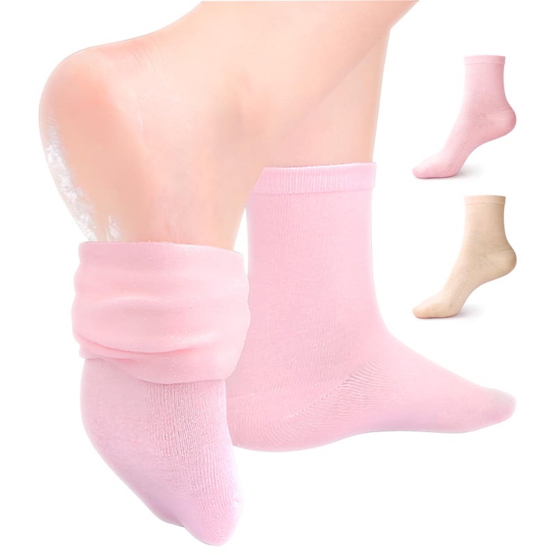 ESUOHYM Moisturizing Socks 2 Pairs Ankle Above Silicone Socks for Dry Cracked Feet One Size Pink and Beige- Self Care Gifts for Women - Image 1