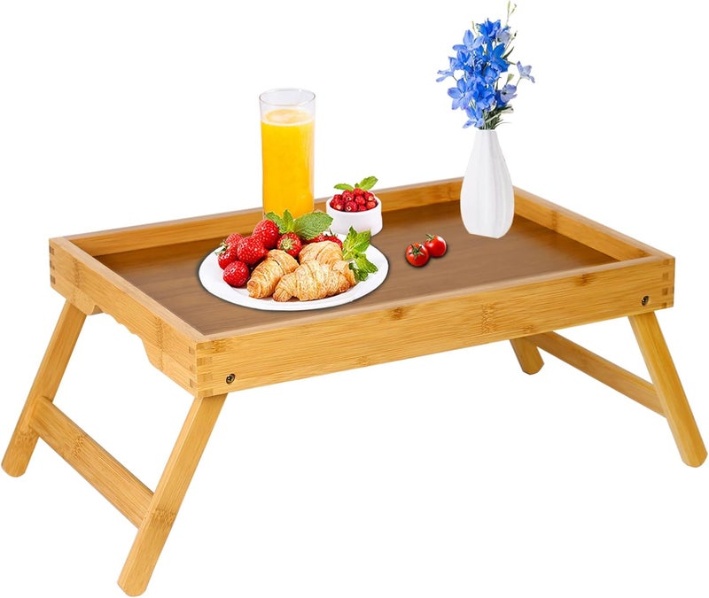 Asuthzon Bed Tray Table for Eating with Folding Legs, Bamboo Breakfast Table in Bed for Eating on Couch, Bed, Laptop Computer Tray(Bamboo, Medium) - Image 1