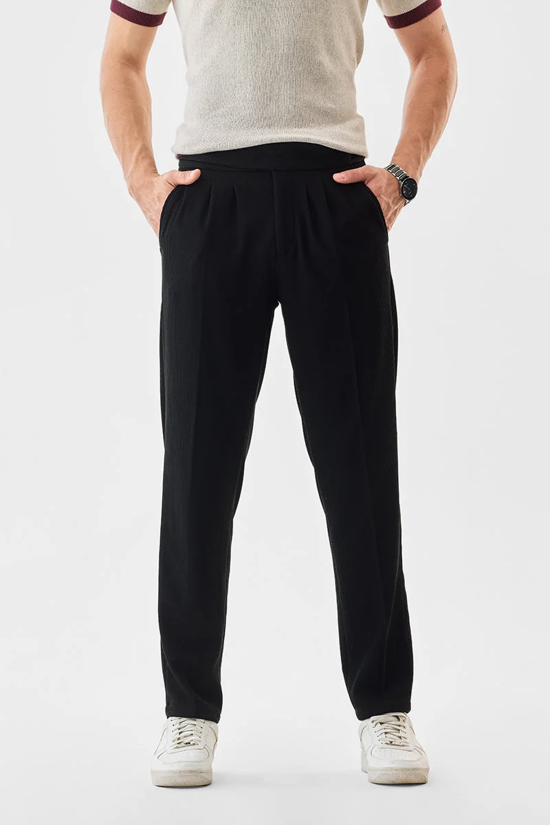 SNITCH Black Textured Slim Fit Casual Trousers