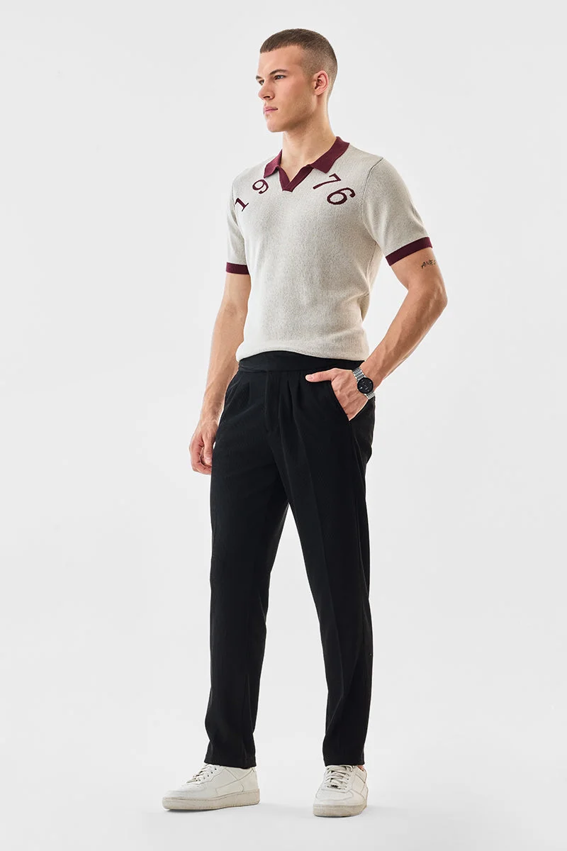 SNITCH Black Textured Slim Fit Casual Trousers