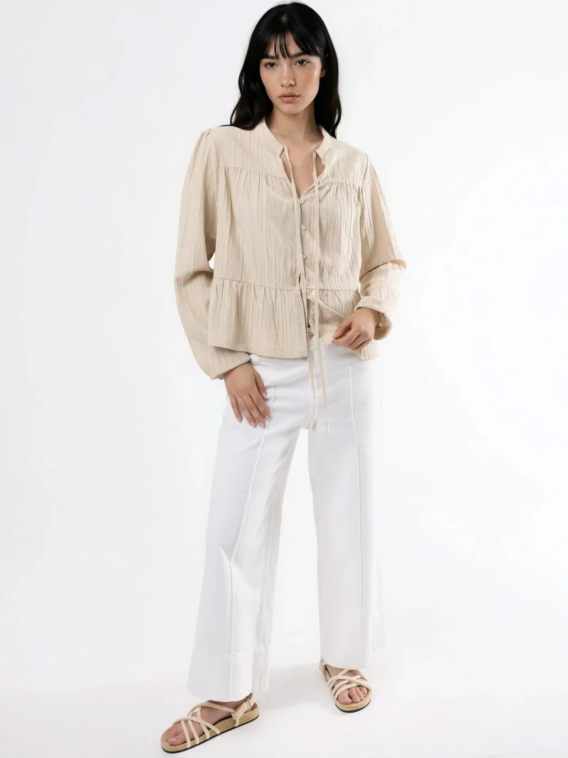 Hiccup Ivory Natural Long Sleeve Tippet Collar Blouse for Women | Best Price UAE