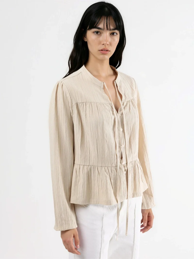Hiccup Ivory Natural Long Sleeve Tippet Collar Blouse for Women | Best Price UAE