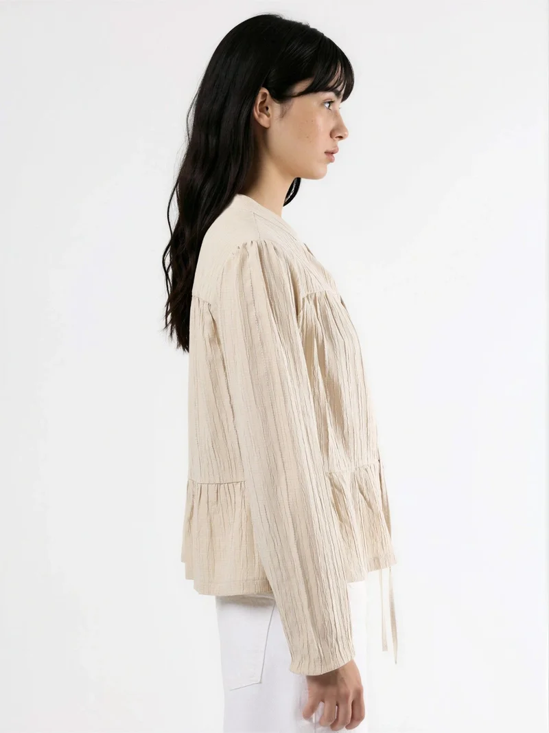 Hiccup Ivory Natural Long Sleeve Tippet Collar Blouse for Women | Best Price UAE