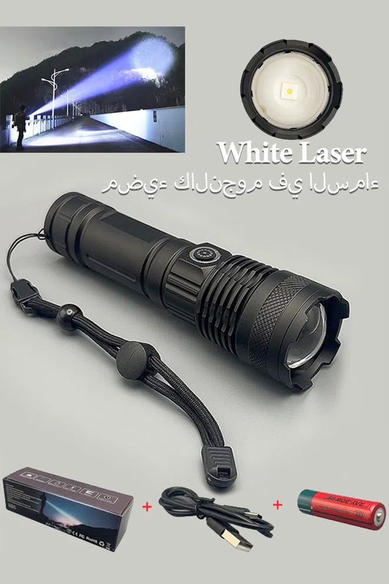Gasin White Laser Flashlight with Metal Shell, Adjustable Focus, Long-lasting Rechargeable Lithium Battery, Waterproof - Image 1