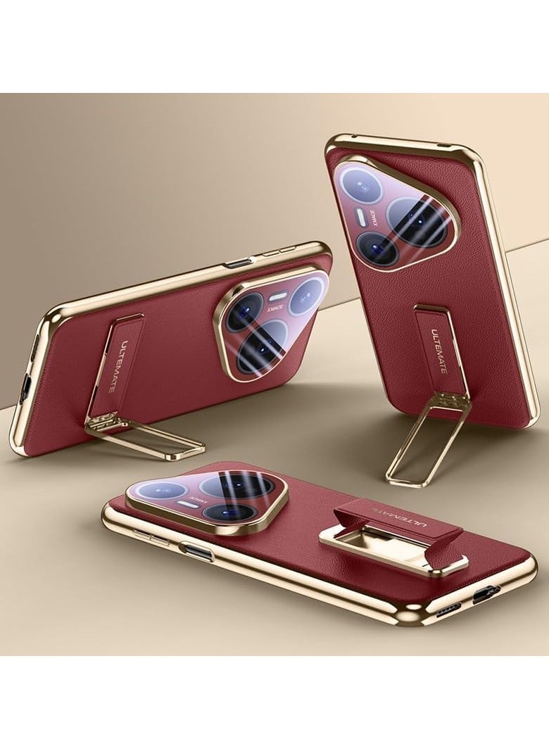 Leather Case Compatible with Huawei Pura 80 Ultra 5G, Full Wrap Lens Camera Protection Magnetic Retractable Wrist Strap Metal Swivel Stand Shockproof Case - Image 1