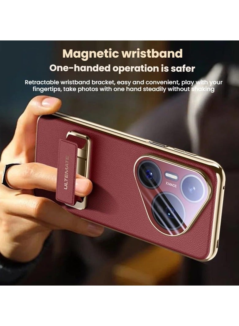 Leather Case Compatible with Huawei Pura 80 Ultra 5G, Full Wrap Lens Camera Protection Magnetic Retractable Wrist Strap Metal Swivel Stand Shockproof Case - Image 4