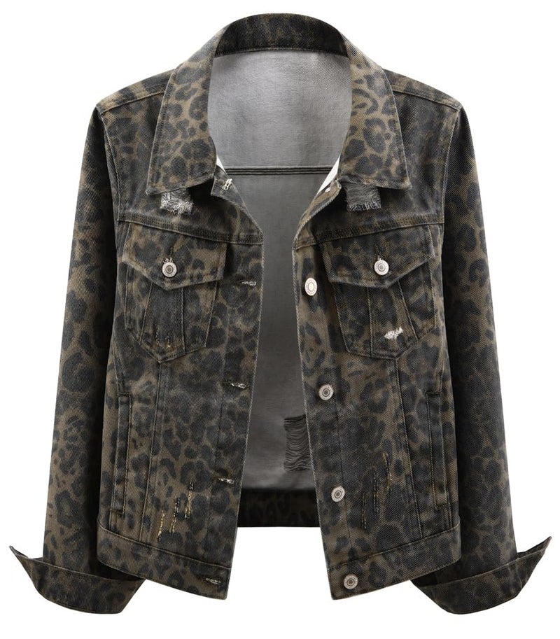 Kedera Denim Jacket for Women Leopard Print Ripped Distressed Jean Button-up Front Bomber Jacket - Image 1