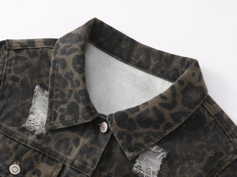 Kedera Denim Jacket for Women Leopard Print Ripped Distressed Jean Button-up Front Bomber Jacket - Image 4