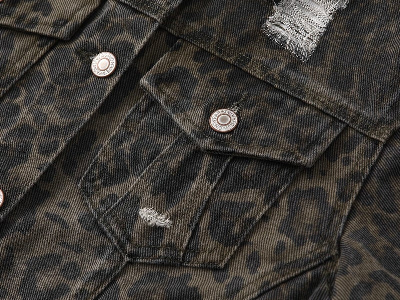 Kedera Denim Jacket for Women Leopard Print Ripped Distressed Jean Button-up Front Bomber Jacket - Image 5