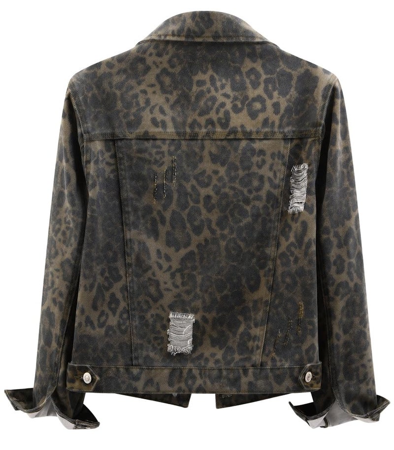 Kedera Denim Jacket for Women Leopard Print Ripped Distressed Jean Button-up Front Bomber Jacket - Image 3