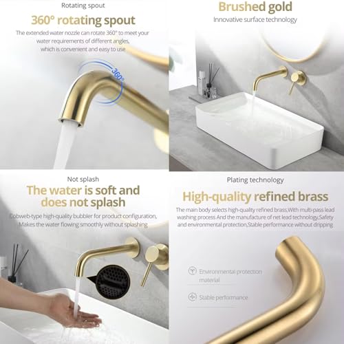 B Backline Brass Wall Mount Single Lever Basin Mixer Tap with Hot & Cold Water | tap for Basin | Bathroom Basin Faucet | Tap for Bathroom & Livingroom (Brushed Gold) - Image 4