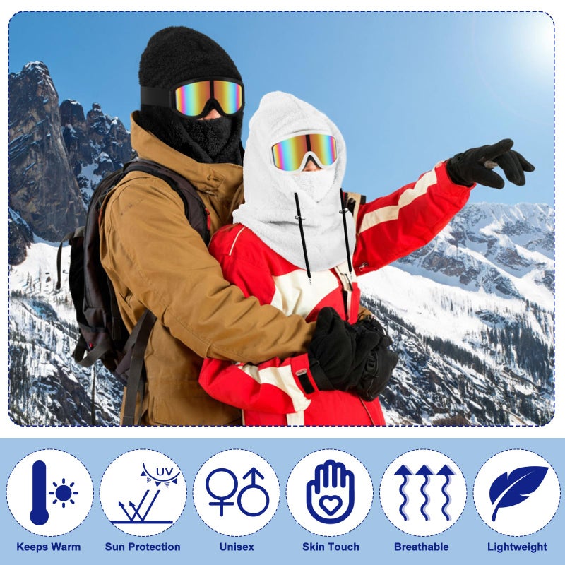 Jamntower 4 Pcs Ski Accessories Fleece Balaclava Mask with Snow Goggles Waterproof Winter Warm for Adults Men Women Outdoor(Black, White) - Image 4
