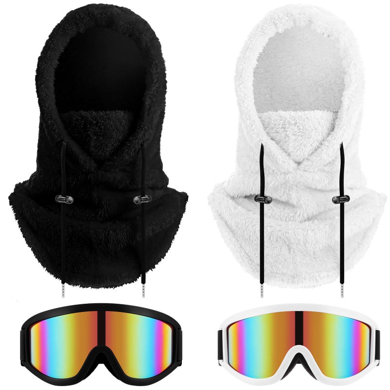 Jamntower 4 Pcs Ski Accessories Fleece Balaclava Mask with Snow Goggles Waterproof Winter Warm for Adults Men Women Outdoor(Black, White) - Image 1
