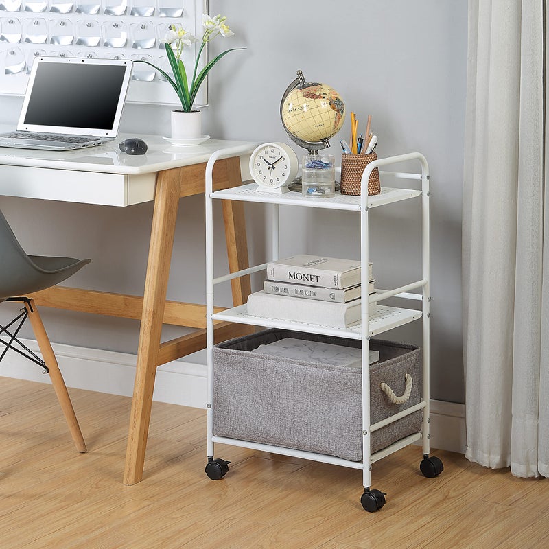 SunnyPoint 3-Tier Rolling Utility Cart â€“ Metal Storage Organizer with Wheels, Mobile Kitchen Cart, Office & Home Organizer, White, 12" D x 16.92" W x 31.1" H - Image 2