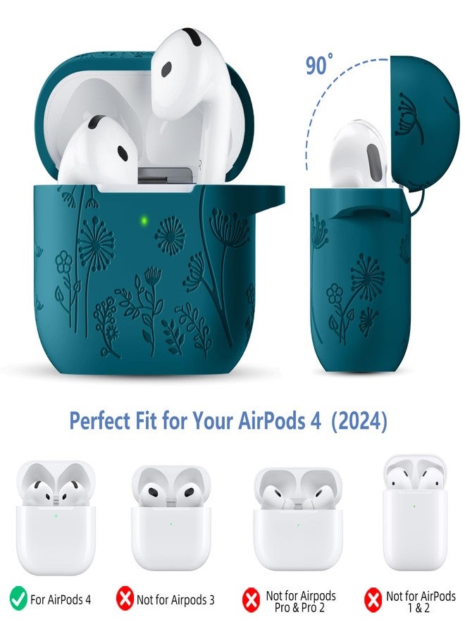 Lerobo for Airpods 4 Case Cover,Flower Engraved Silicone Full Protective Cover with Cleaner Kit & Keychain Compatible with Apple Airpods 4 Case 2024, Verdant Blue - Image 4