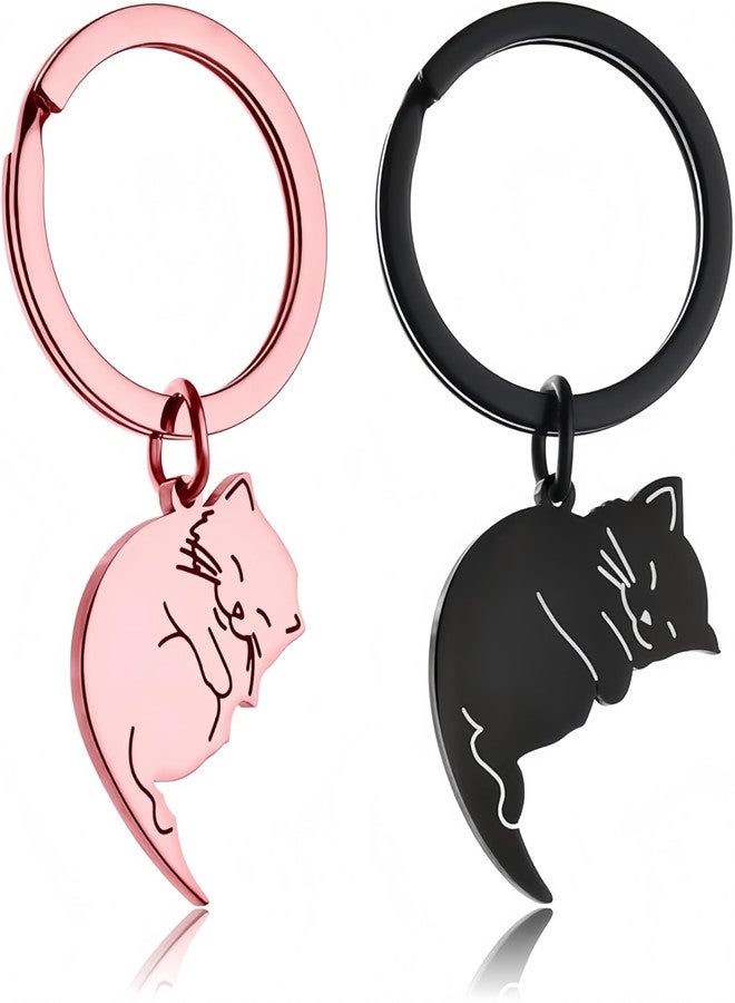 Axmerdal Couple Gift Keychain Cute Valentine's Day Gift for Him Her Lovely Lazy Cat Kitty Lover Best Friend Husband Wife Fiancée Couple Stuff for Christmas Birthday Anniversary (black&rose gold) - Image 1