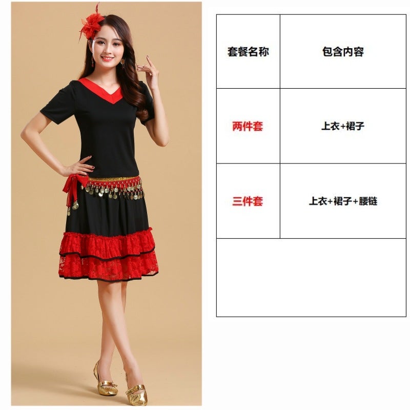 Square Dance Costume New Yangko Dance Costume Folk Dance Costume V-Neck Long Sleeve Short Sleeve Top Skirt Suit - Image 1