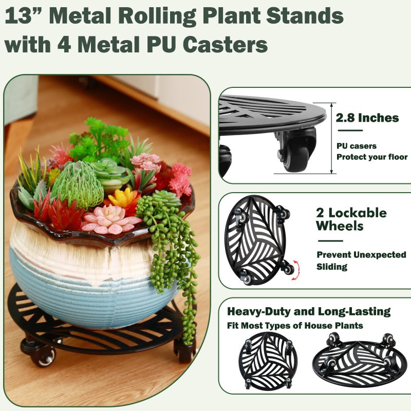 Planterhoma 3 Packs Large Metal Plant Caddy with Wheels 13 Inches Heavy-duty Wrought Iron Rolling Plant Stands with Casters Indoor Outdoor Planter Roller Base Plant Movers Black, Strong Load Capacity - Image 2
