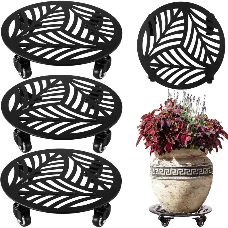 Planterhoma 3 Packs Large Metal Plant Caddy with Wheels 13 Inches Heavy-duty Wrought Iron Rolling Plant Stands with Casters Indoor Outdoor Planter Roller Base Plant Movers Black, Strong Load Capacity - Image 1
