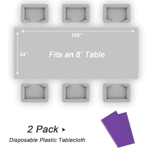 QIKSION Plastic Table Cloth Disposable 2 Pack, 54 x 108 Inch Tablecloths for Rectangle Tables, Purple Plastic Table Cover - Image 5