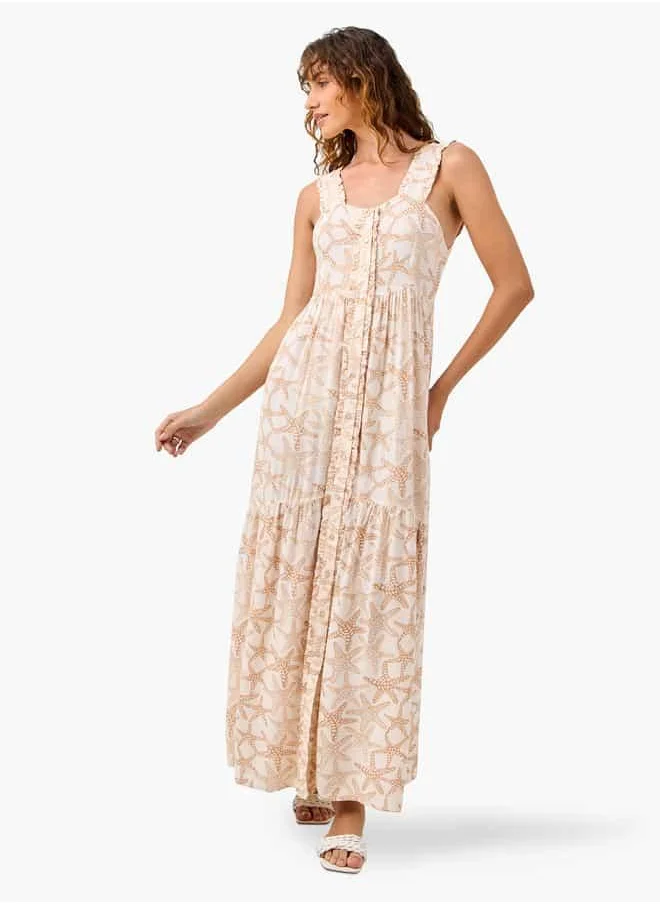 FAV Printed Sleeveless Dress with Square Neck and Frill Detail