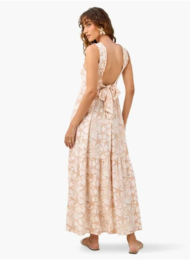 FAV Printed Sleeveless Dress with Square Neck and Frill Detail