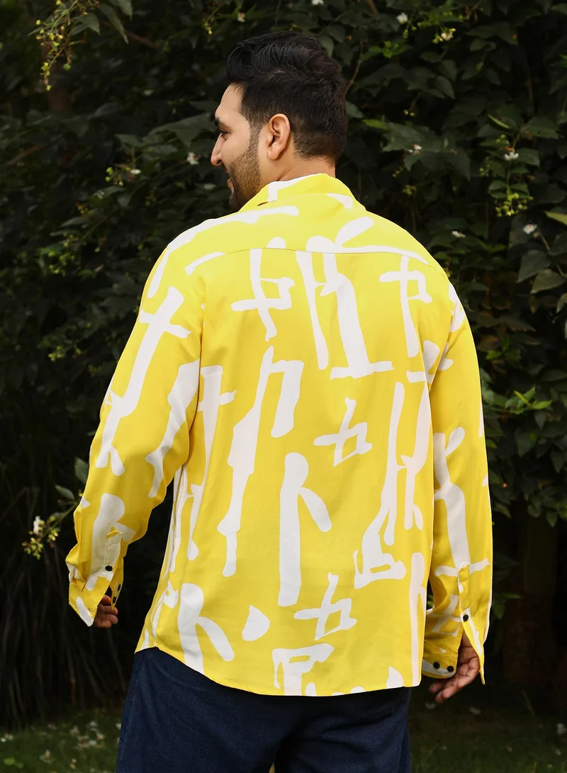 Instafab Plus Instafab Plus Men's Lemon Yellow Abstract-Drip Imprint Shirt | Spread Collar , Long Cuffed Sleeves , Button Closure , Curved Hemline | Abstract-Print Plain Viscose Material For Street & Casual Wear