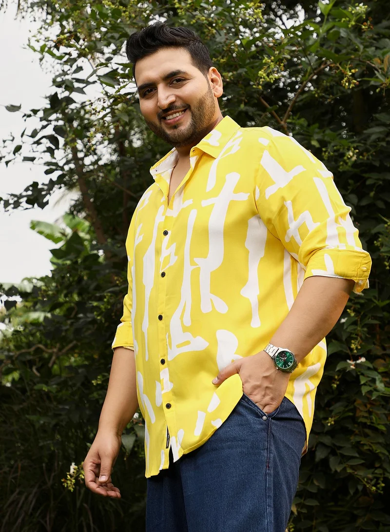 Instafab Plus Instafab Plus Men's Lemon Yellow Abstract-Drip Imprint Shirt | Spread Collar , Long Cuffed Sleeves , Button Closure , Curved Hemline | Abstract-Print Plain Viscose Material For Street & Casual Wear