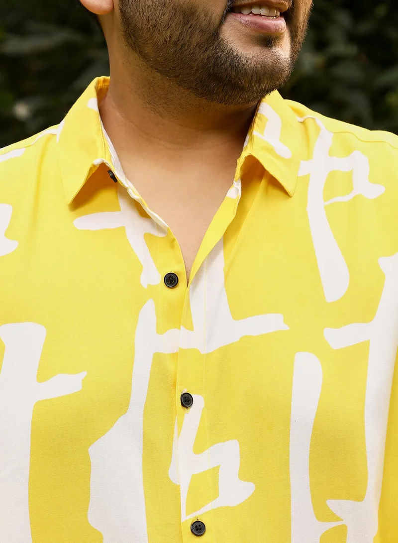 Instafab Plus Instafab Plus Men's Lemon Yellow Abstract-Drip Imprint Shirt | Spread Collar , Long Cuffed Sleeves , Button Closure , Curved Hemline | Abstract-Print Plain Viscose Material For Street & Casual Wear