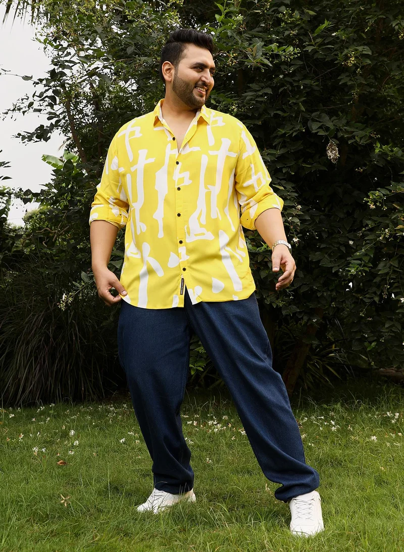 Instafab Plus Instafab Plus Men's Lemon Yellow Abstract-Drip Imprint Shirt | Spread Collar , Long Cuffed Sleeves , Button Closure , Curved Hemline | Abstract-Print Plain Viscose Material For Street & Casual Wear