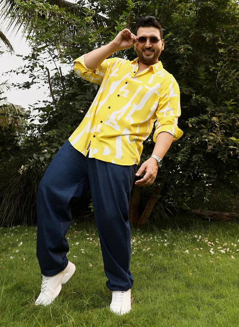 Instafab Plus Instafab Plus Men's Lemon Yellow Abstract-Drip Imprint Shirt | Spread Collar , Long Cuffed Sleeves , Button Closure , Curved Hemline | Abstract-Print Plain Viscose Material For Street & Casual Wear