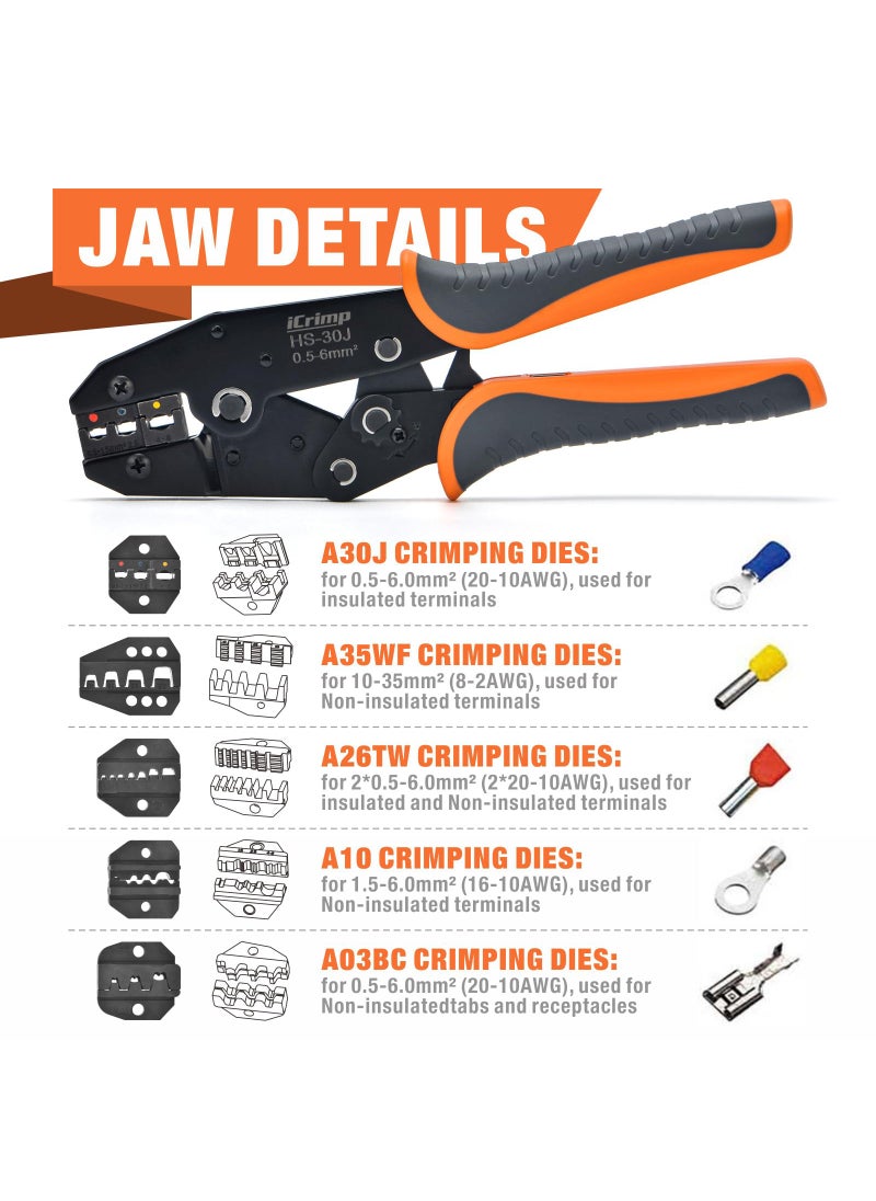 IWISS iCrimp Ratchet Wire Crimping Tool Set w/ 5 Interchangeable Jaws for Insulated and Non-Insulated Terminals AWG20-2, Wire Stripper included  - Image 3