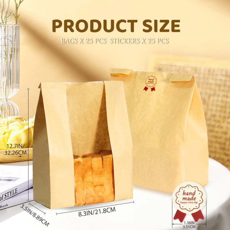 WIKDAY Bread Bags for Homemade Bread 25PCS Paper Sourdough Large Bakery Bags with Window for Baked Food Packaging Storage Gift Giving Includes 25PCS Label Seal Stickers 13.7x8.3x3.5in - Image 2
