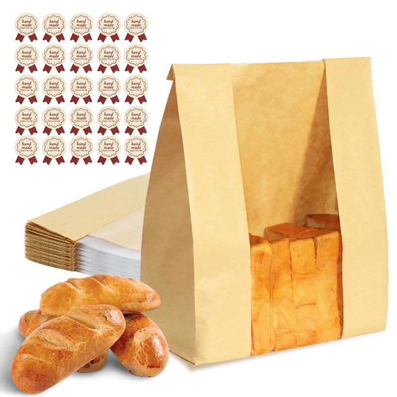 WIKDAY Bread Bags for Homemade Bread 25PCS Paper Sourdough Large Bakery Bags with Window for Baked Food Packaging Storage Gift Giving Includes 25PCS Label Seal Stickers 13.7x8.3x3.5in - Image 1
