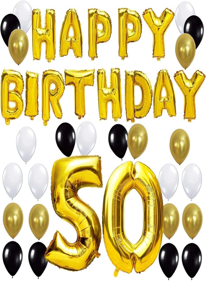 39PCS 50TH Birthday Party Decorations Kit Happy Birthday Balloon Banner, Number 50 Balloon Mylar Foil, Black Gold White Latex Ballon, Perfect 50 Years Old Party Supplies
