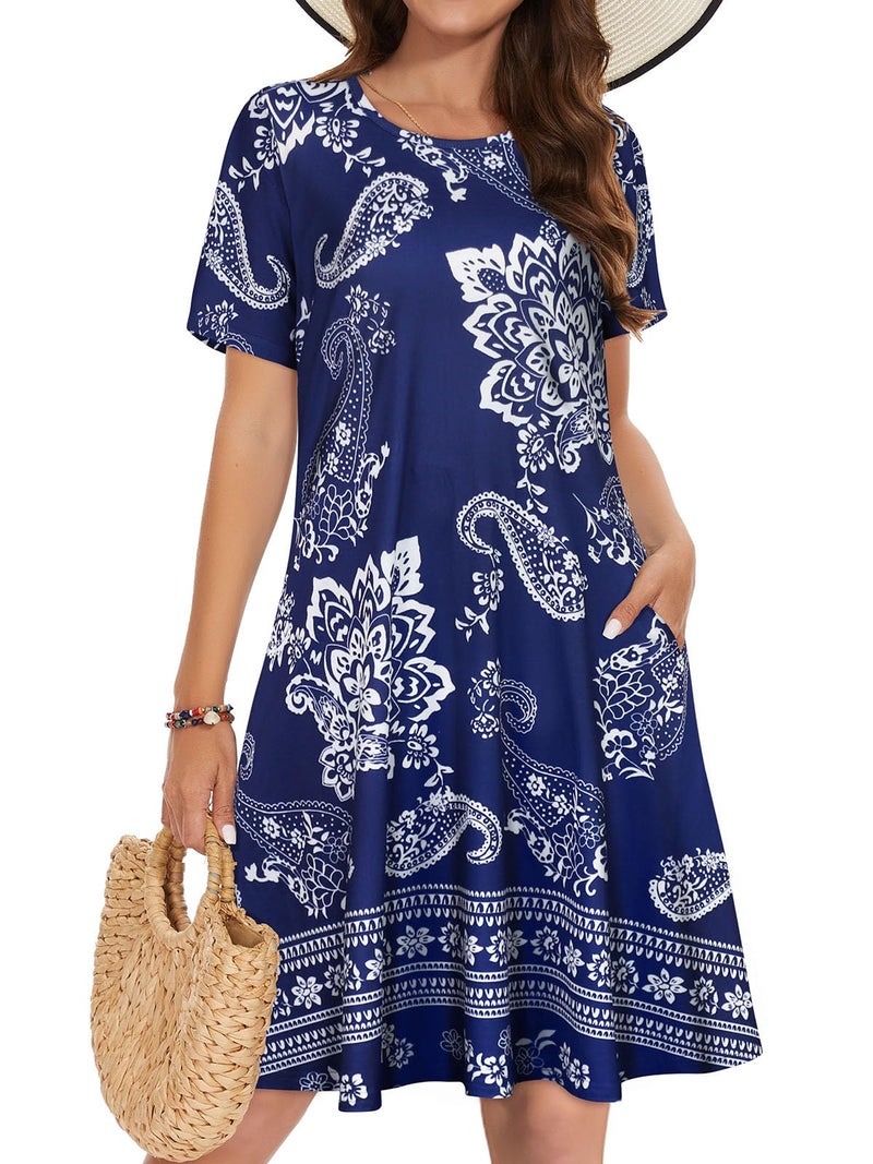 elescat Summer Dresses for Women Casual Short Sleeve Loose Beach Cover Up Scoop Neck Floral Sundress with Pockets(Deep Bule Boho, L) - Image 1