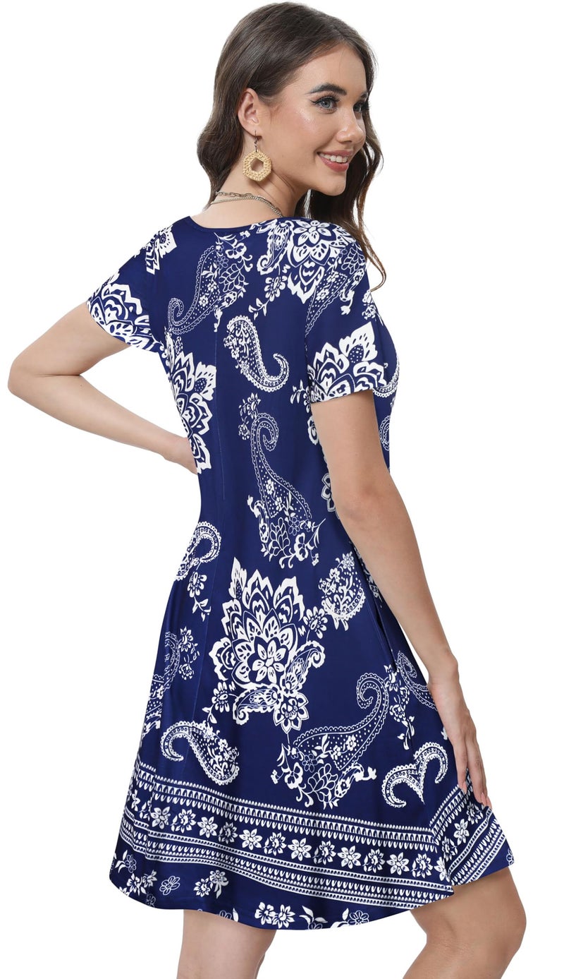elescat Summer Dresses for Women Casual Short Sleeve Loose Beach Cover Up Scoop Neck Floral Sundress with Pockets(Deep Bule Boho, L) - Image 5
