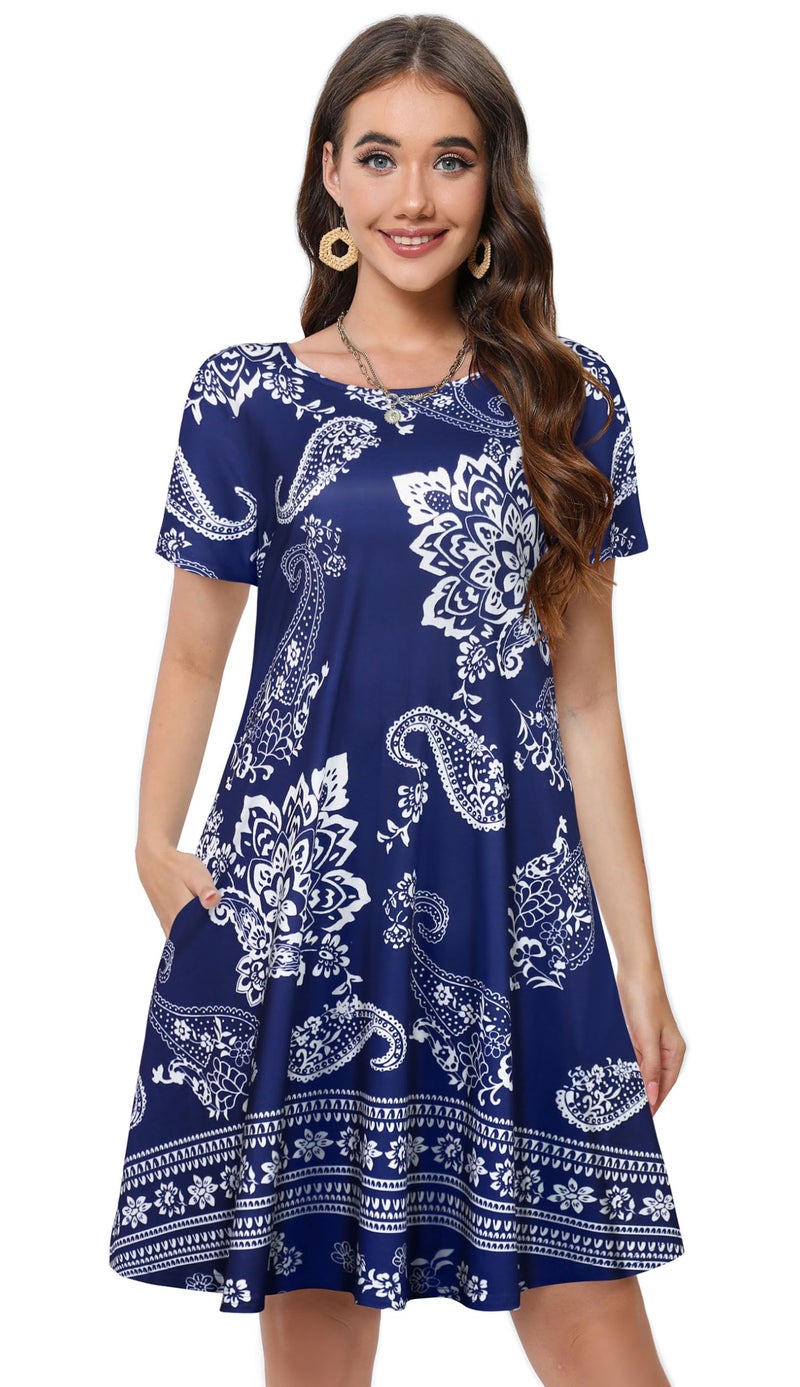 elescat Summer Dresses for Women Casual Short Sleeve Loose Beach Cover Up Scoop Neck Floral Sundress with Pockets(Deep Bule Boho, L) - Image 2