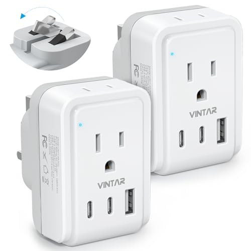 VINTAR 2 Pack US to UK Ireland Plug Adapter, VINTAR Foldable Type G Power Adapter, UK Travel Adaptor with 2 Outlets and 3 USB(2 USB C Ports) for England Scotland Ireland London Dubai Singapore Hong Kong - Image 1