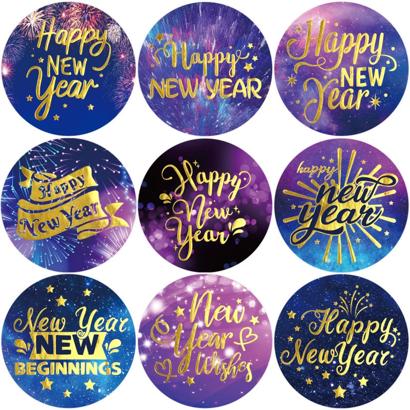 Ceiba Tree Happy New Year Stickers Round Gold Foil New Year Labels for Cards Envelopes Bags