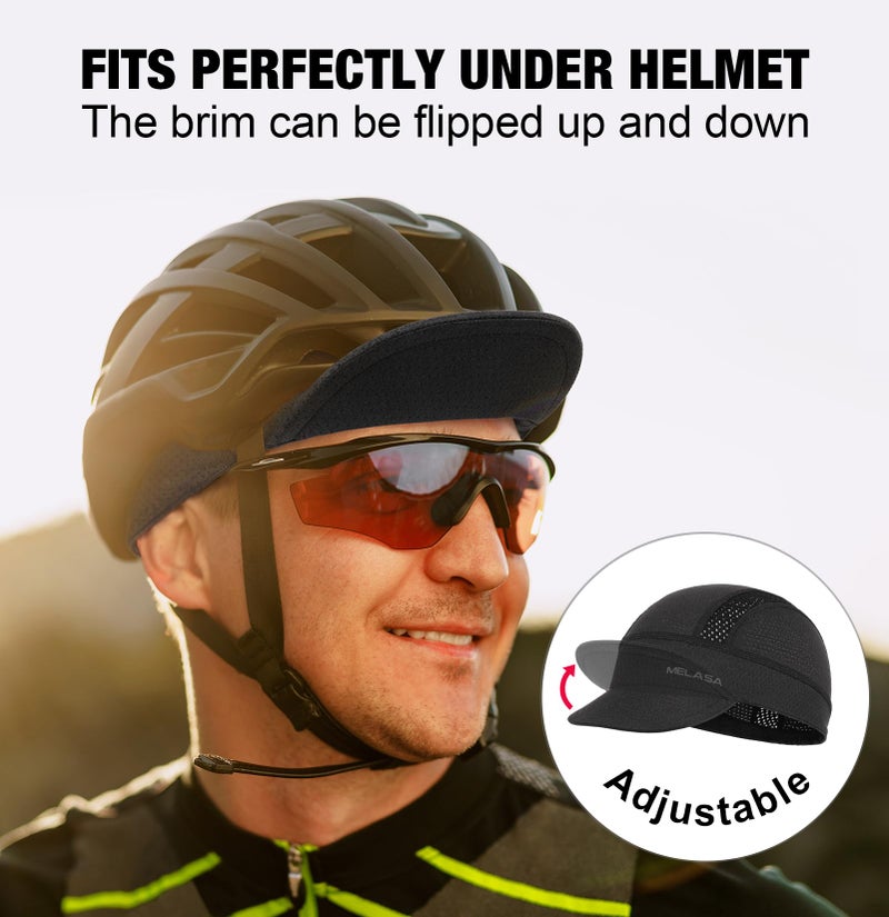 MELASA Cycling Cap, Cooling Skull Cap Helmet Liner with Sun Visor, Sun Protection Running Beanie Bike Cap for Men Women Under Helmet(Black) - Image 5