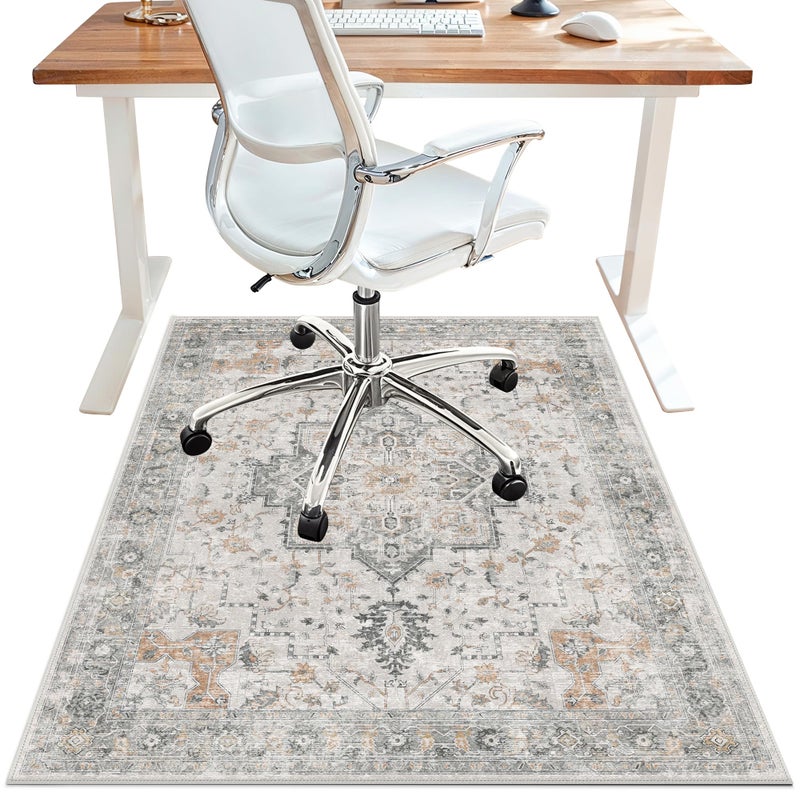 BESBLEE 48"x60" Office Chair Mat for Hardwood Tile Floor, Under Desk Carpet Protector for Rolling Computer Chair Mat, Machine Washable Area Rug, Anti-Slip 1/5" Thick Low Pile Thin Vinyl Floor Mat, Taupe - Image 1