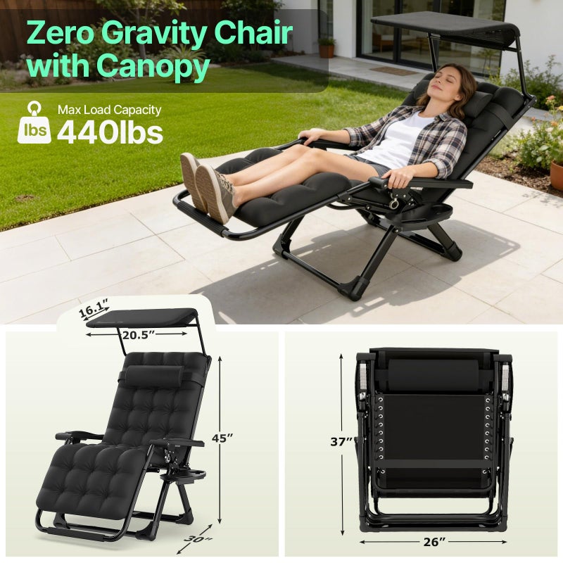 Suteck Zero Gravity Chair with Canopy, Reclining Camping Lounge Chair w/Removable Cushion, Upgraded Lock and Cup Holder, Reclining Patio Chairs Folding Recliner for Indoor and Outdoor - Image 2
