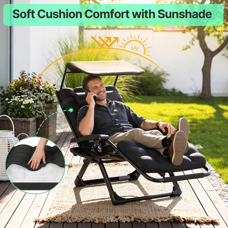Suteck Zero Gravity Chair with Canopy, Reclining Camping Lounge Chair w/Removable Cushion, Upgraded Lock and Cup Holder, Reclining Patio Chairs Folding Recliner for Indoor and Outdoor - Image 3