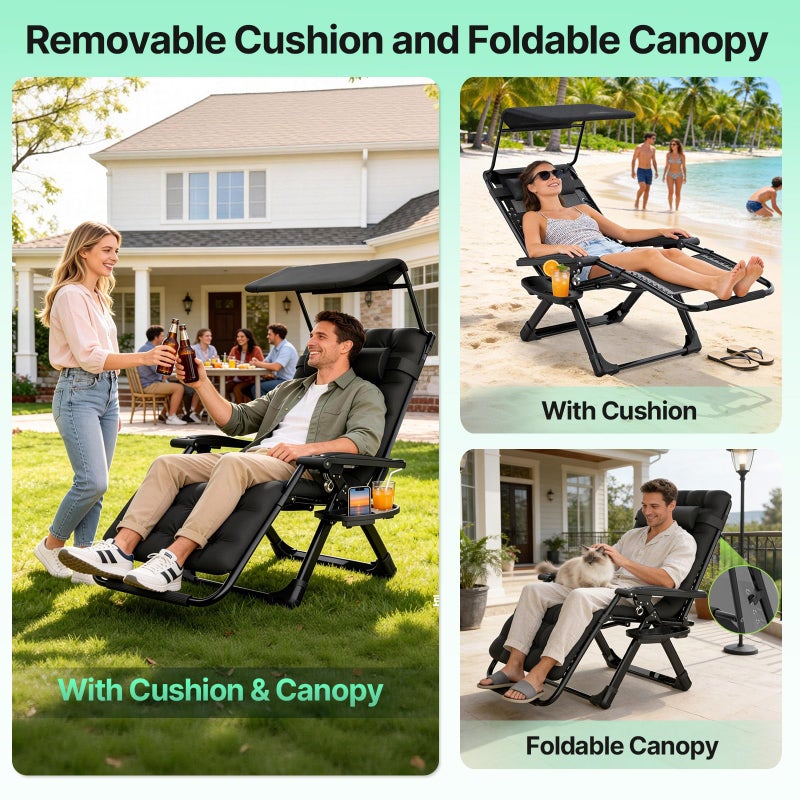 Suteck Zero Gravity Chair with Canopy, Reclining Camping Lounge Chair w/Removable Cushion, Upgraded Lock and Cup Holder, Reclining Patio Chairs Folding Recliner for Indoor and Outdoor - Image 4