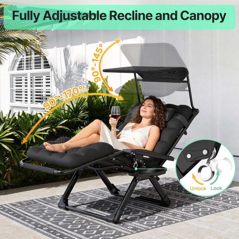 Suteck Zero Gravity Chair with Canopy, Reclining Camping Lounge Chair w/Removable Cushion, Upgraded Lock and Cup Holder, Reclining Patio Chairs Folding Recliner for Indoor and Outdoor - Image 5